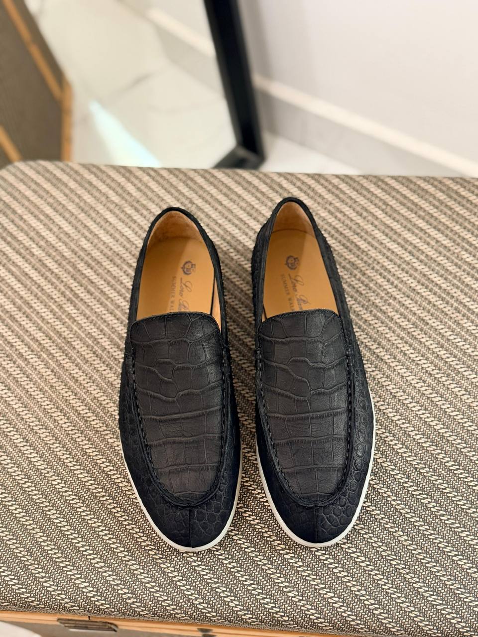Loro Piana Summer Walk Loafers in Black Crocodile-Embossed Leather