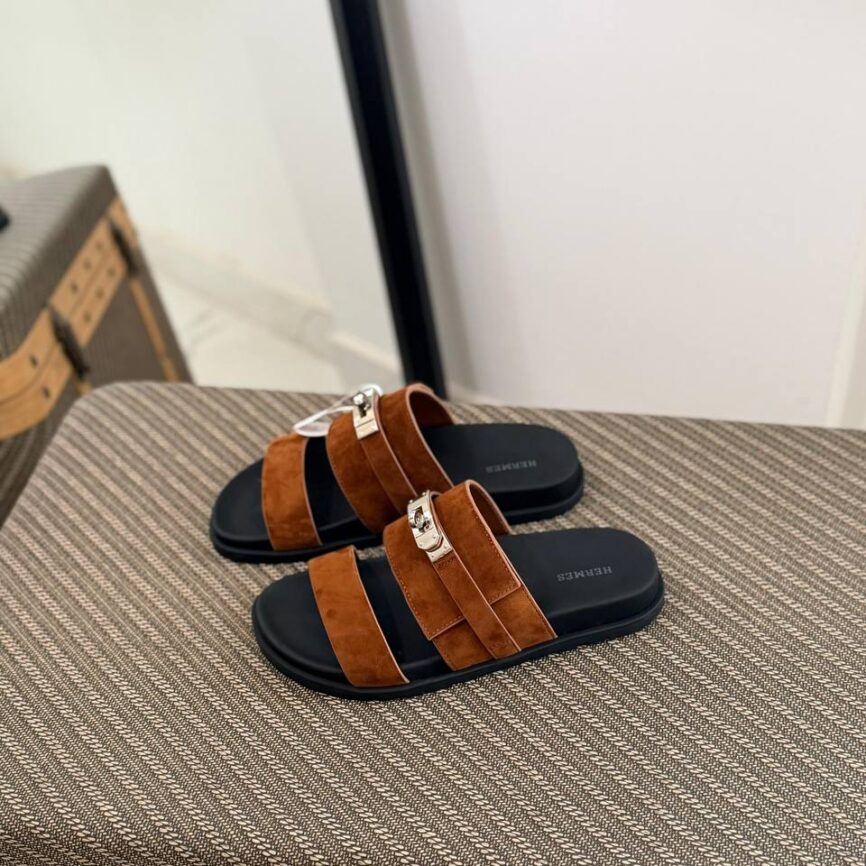 Hermès Suede Double-Strap Slide Sandal with Palladium Hardware