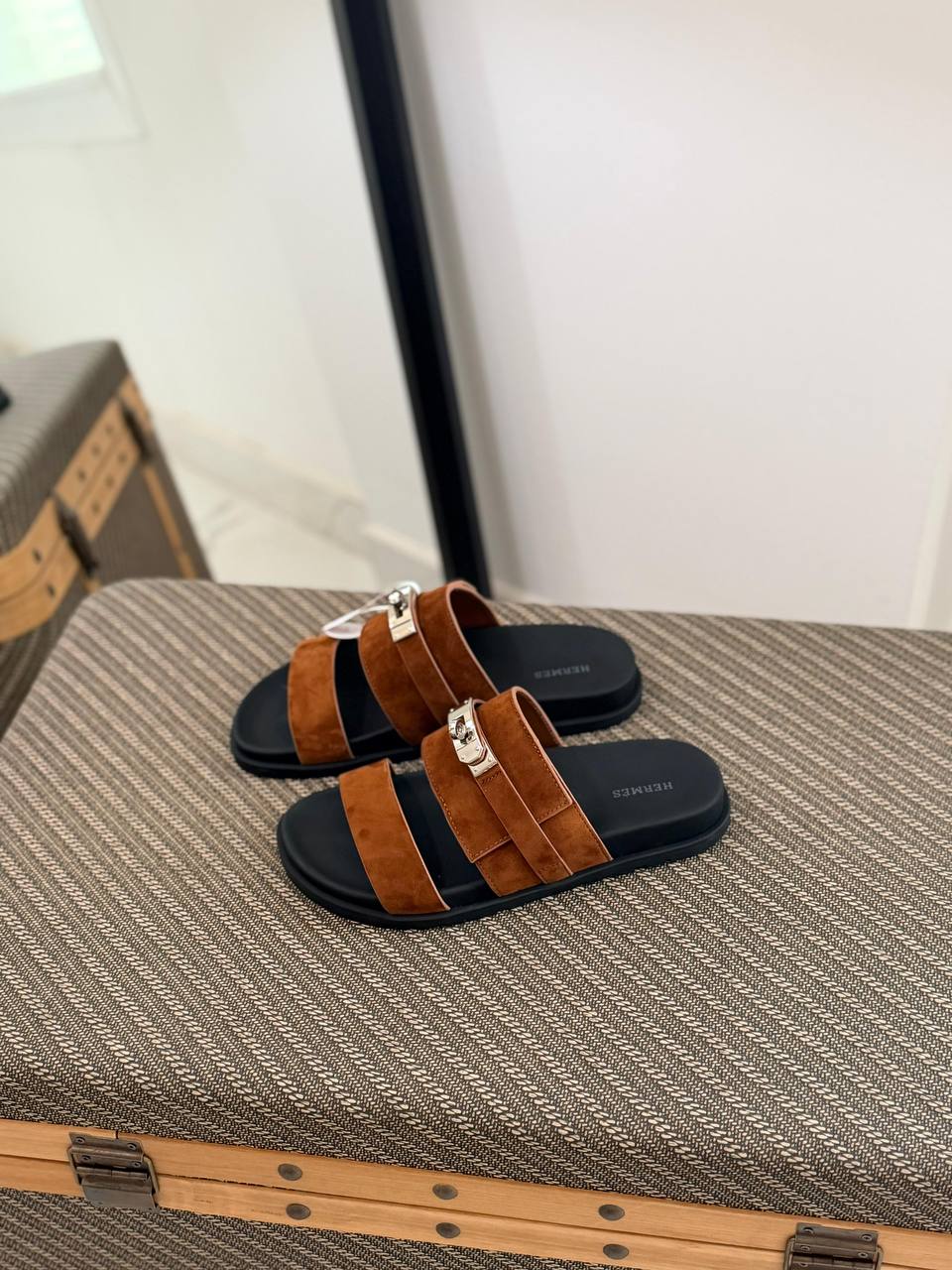 Hermès Suede Double-Strap Slide Sandal with Palladium Hardware