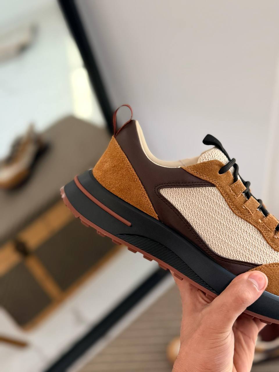 Artisan Mixed-Media Performance Runner in Cognac Suede and Technical Canvas