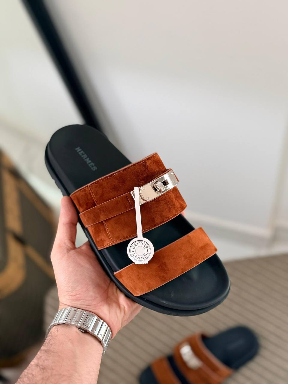 Hermès Suede Kelly Slide Sandal with Palladium-Plated Hardware