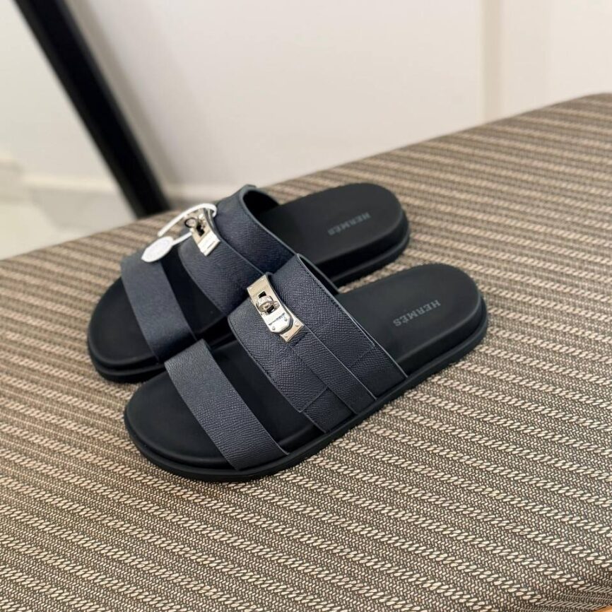 Hermès Izmir Inspired Leather Slide Sandals with Palladium Hardware