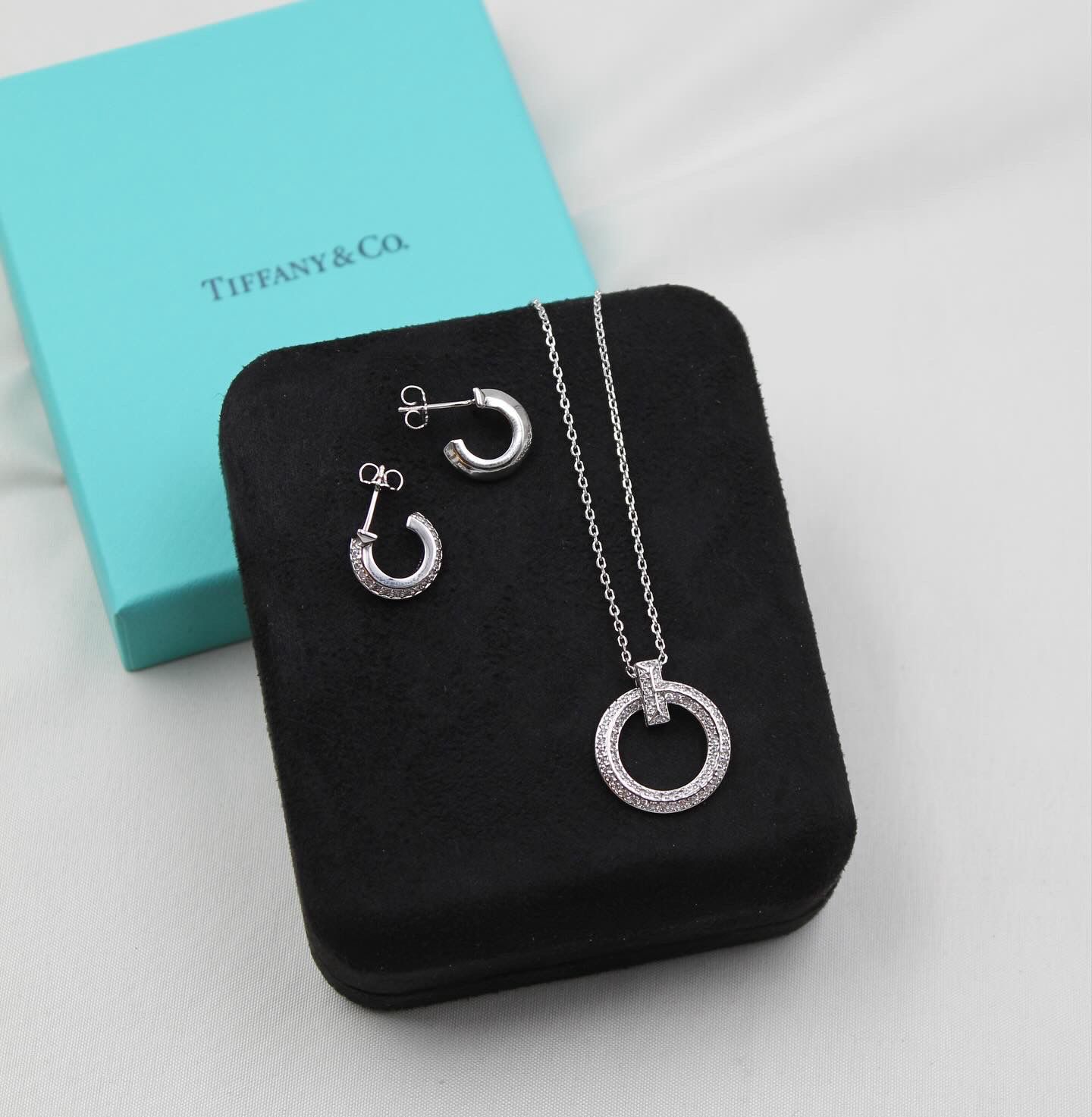 Tiffany & Co. Pavé Diamond T-Circle Pendant and Hoop Earring Set in 18K White Gold