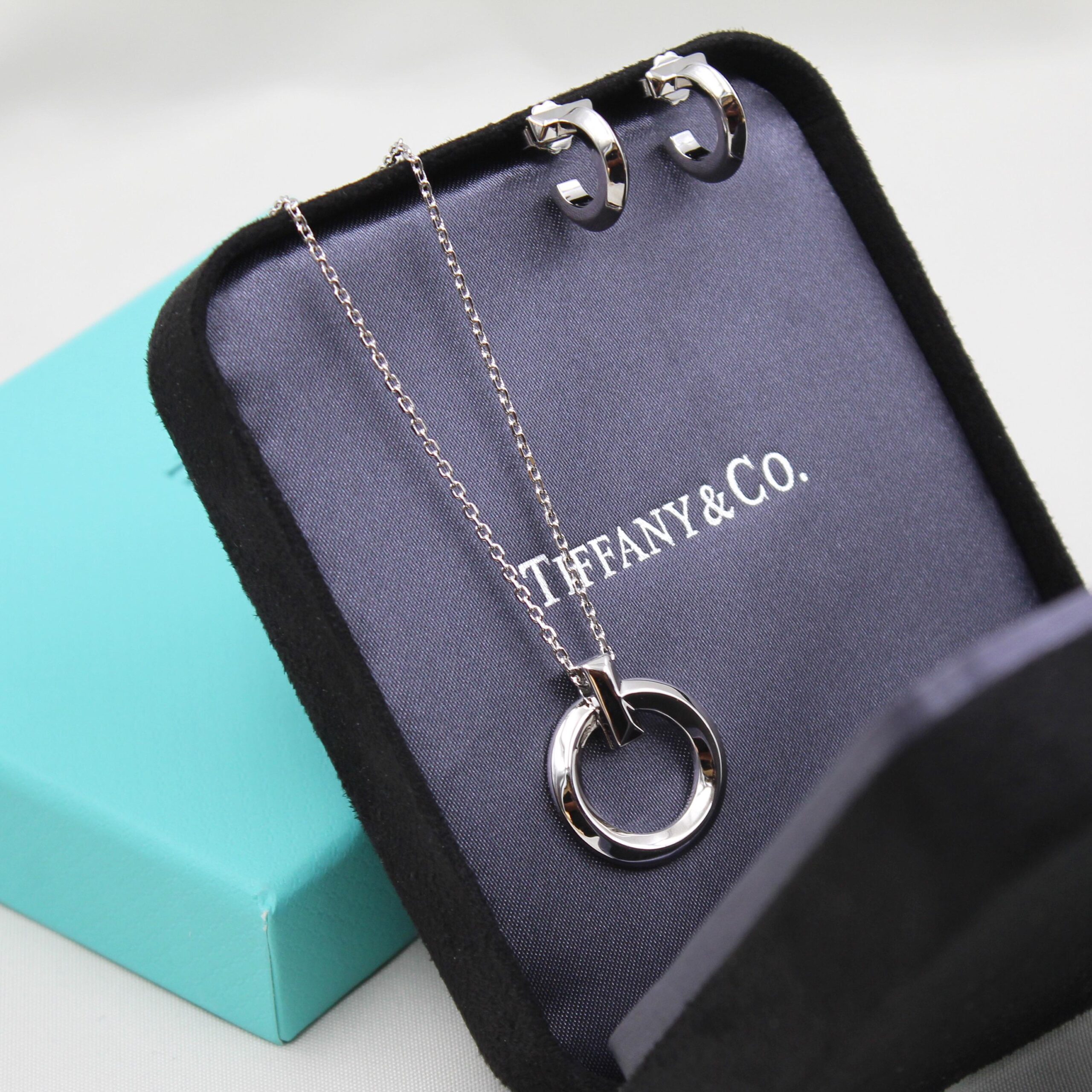 Tiffany & Co. Sterling Silver Circle Pendant Necklace and Matching Hoop Earrings Set