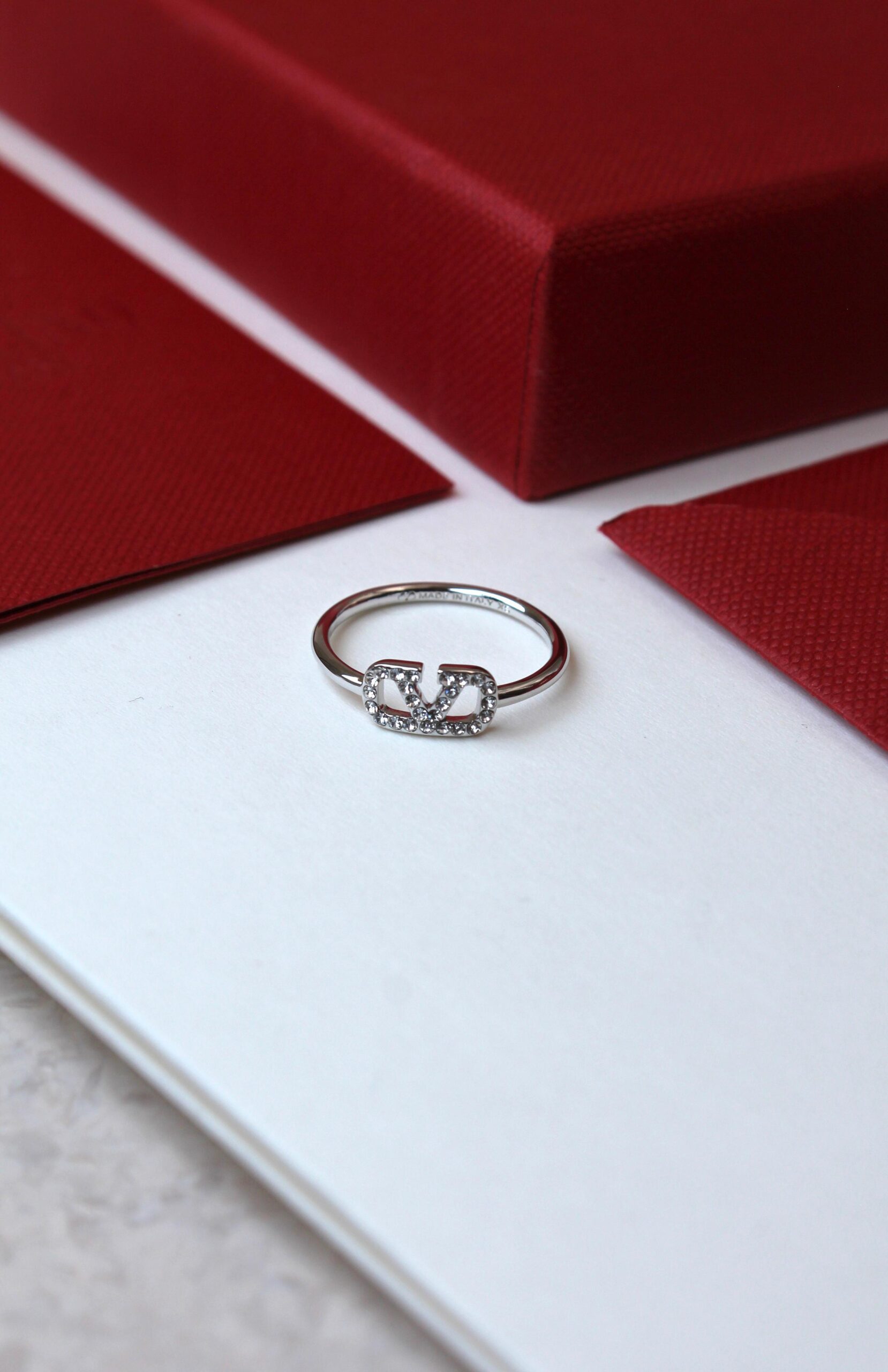 Valentino Garavani Crystal-Embellished VLogo Signature Ring in Silver Finish