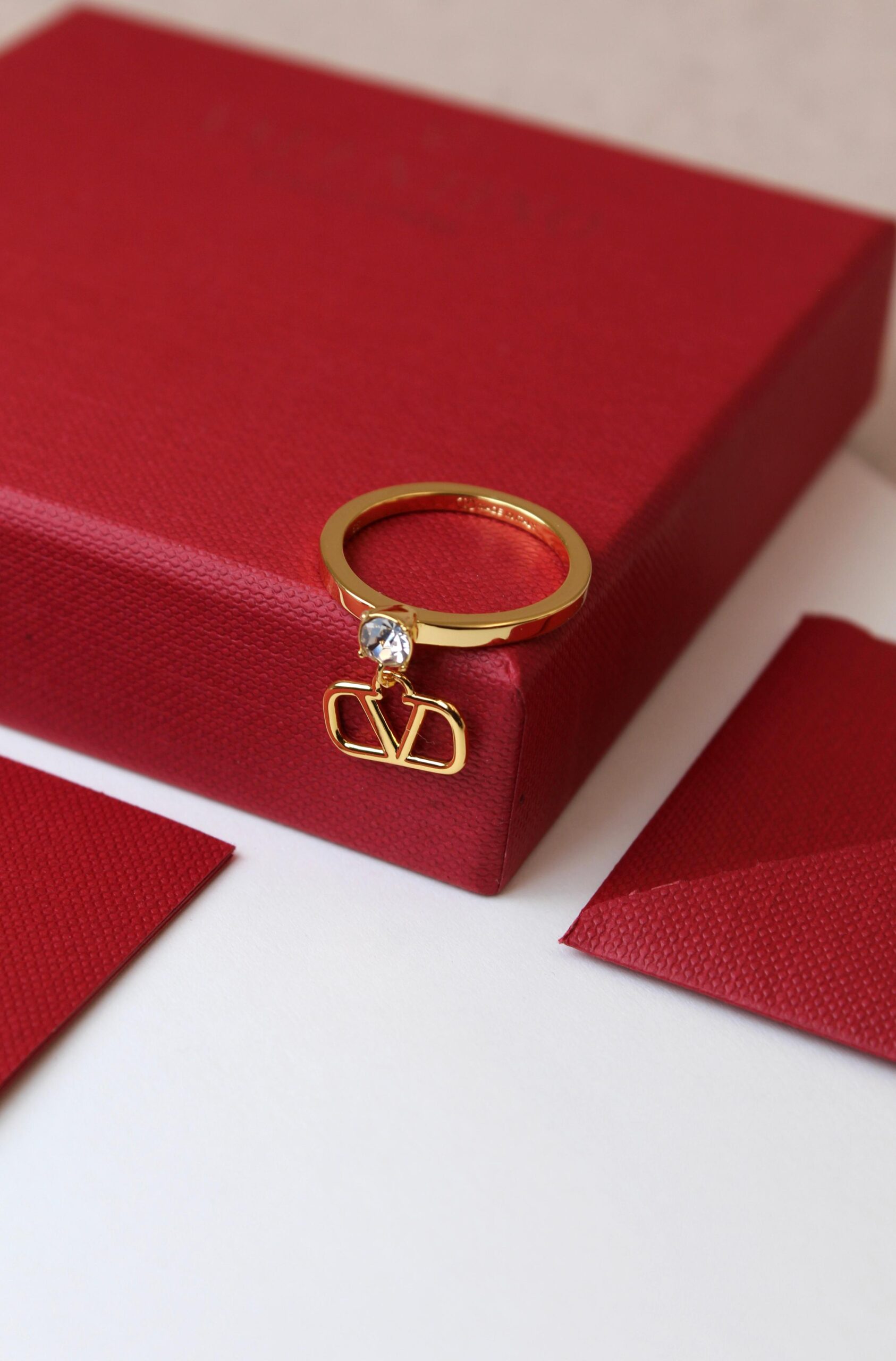 Valentino Garavani VLogo Signature Gold-Finish Ring with Crystal Drop