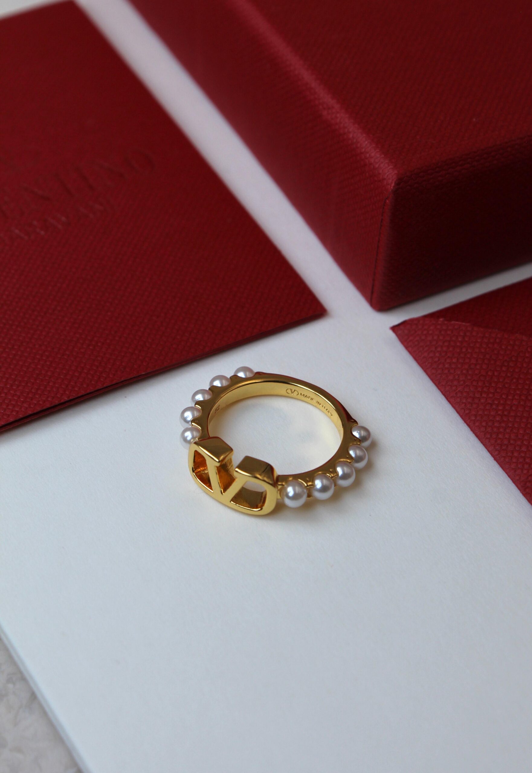 Valentino Garavani VLogo Signature Pearl Band Ring in Polished Gold-Tone Finish