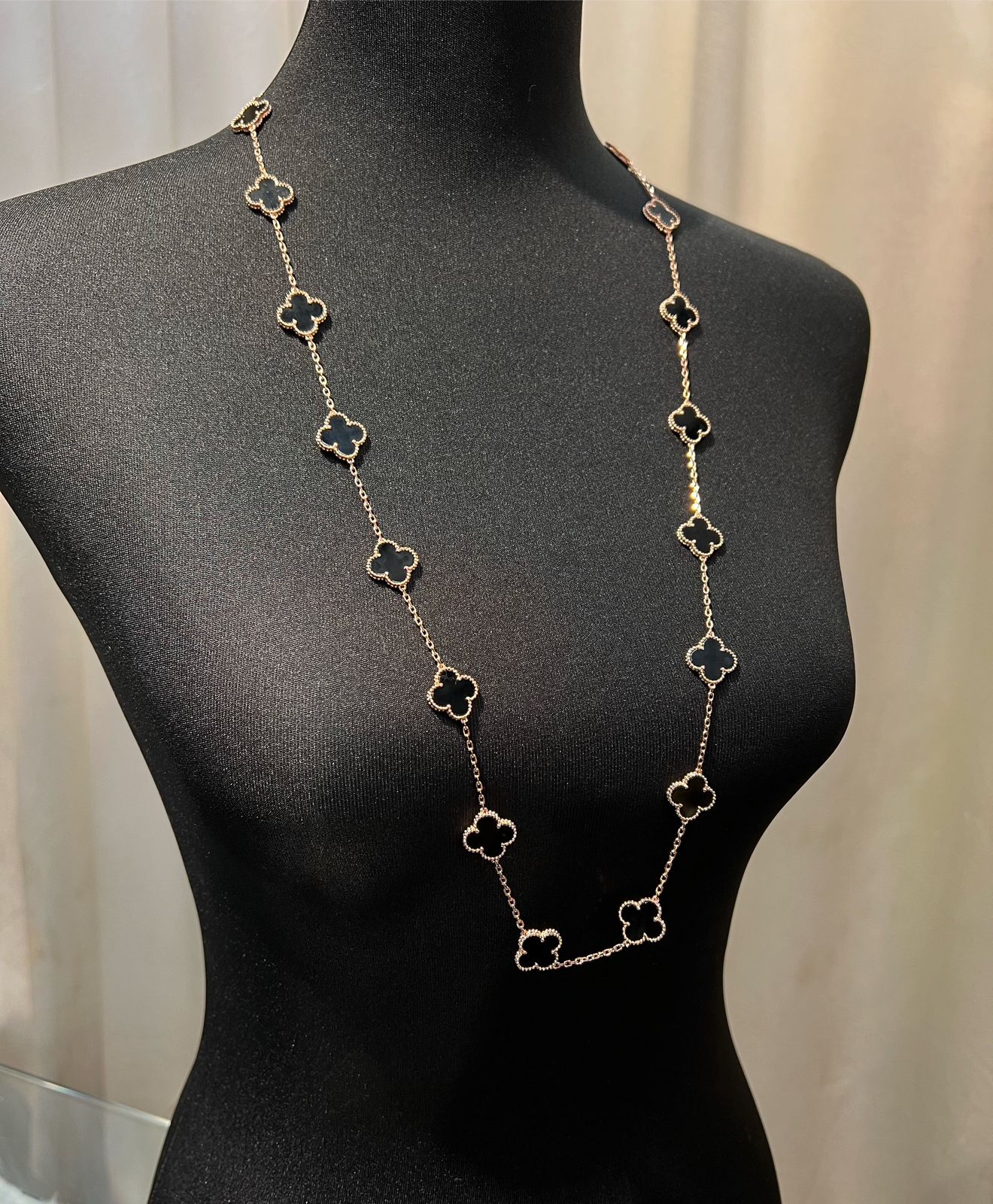 Alhambra-Inspired 18K Rose Gold and Onyx Long Station Necklace