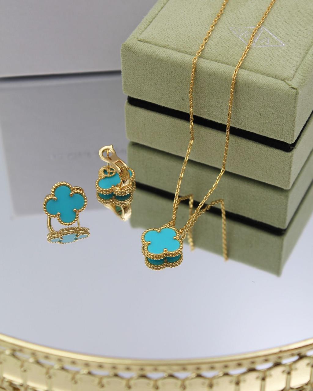 18K Yellow Gold & Turquoise Four-Leaf Clover Jewelry Suite