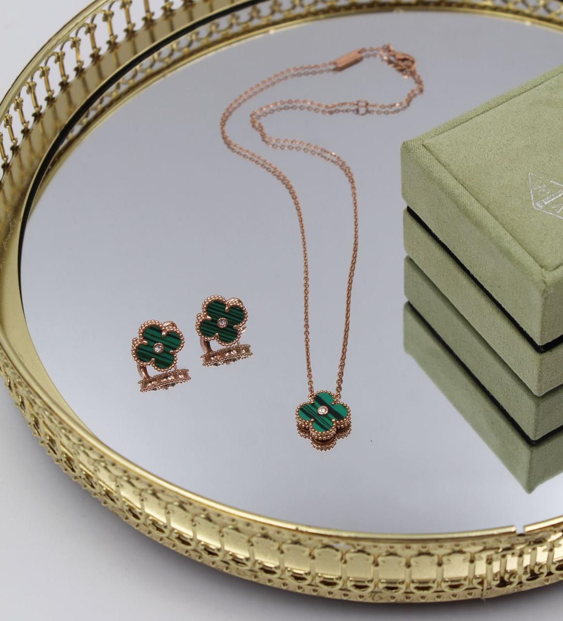 18K Rose Gold Malachite Alhambra-Inspired Pendant and Earring Suite