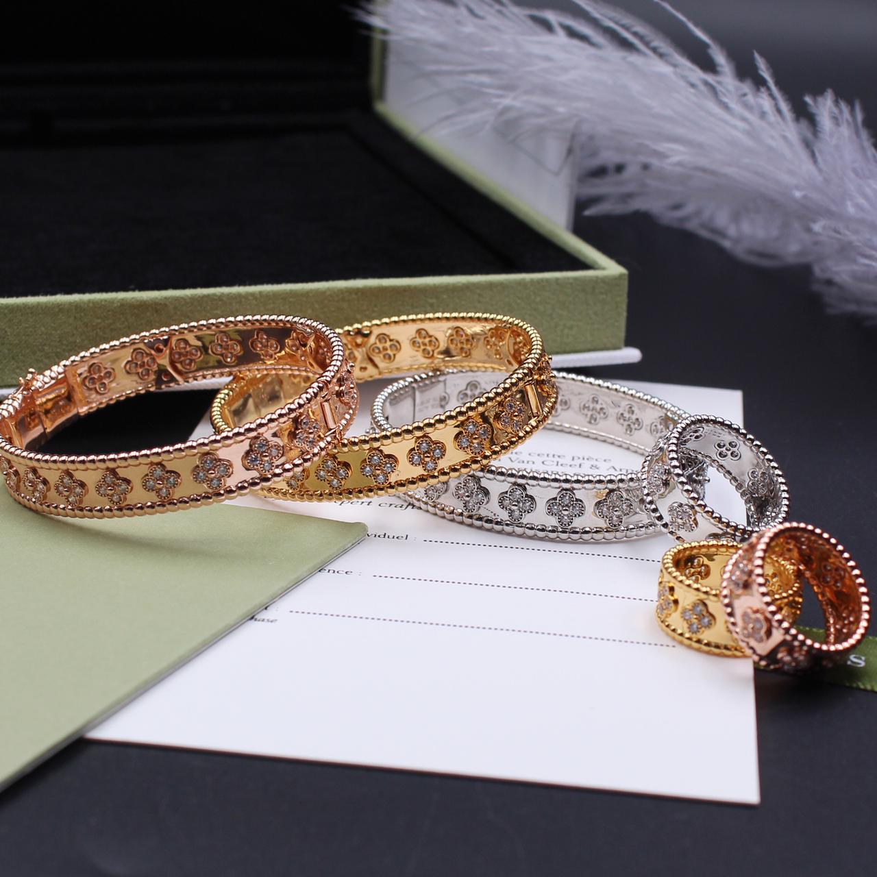 Maison Alhambra Pavé Clover High-Jewelry Suite in Tricolor Gold and Platinum