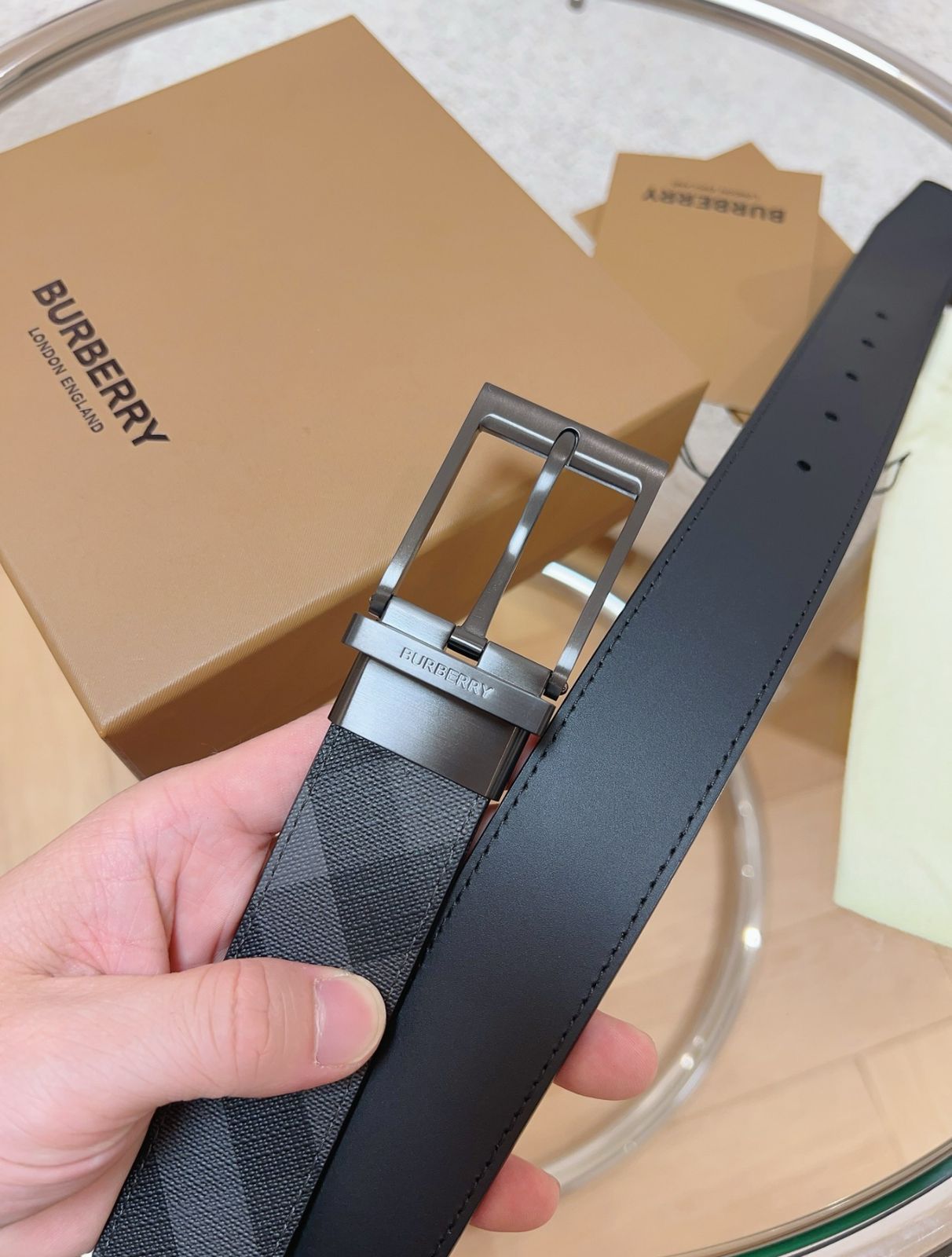 Burberry Reversible Check and Leather Belt with Gunmetal Buckle