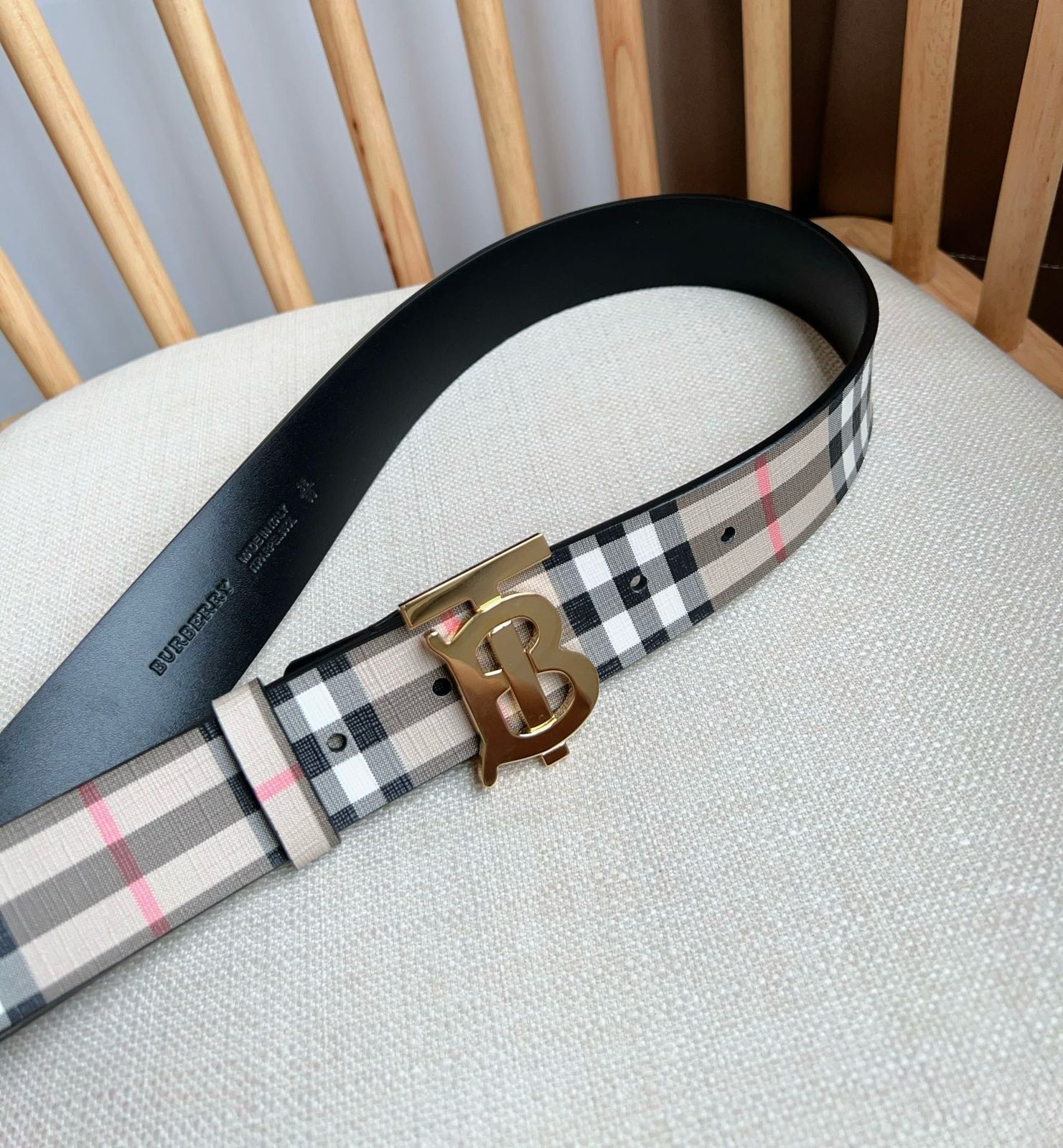 Burberry Vintage Check E-Canvas Belt with TB Monogram Buckle