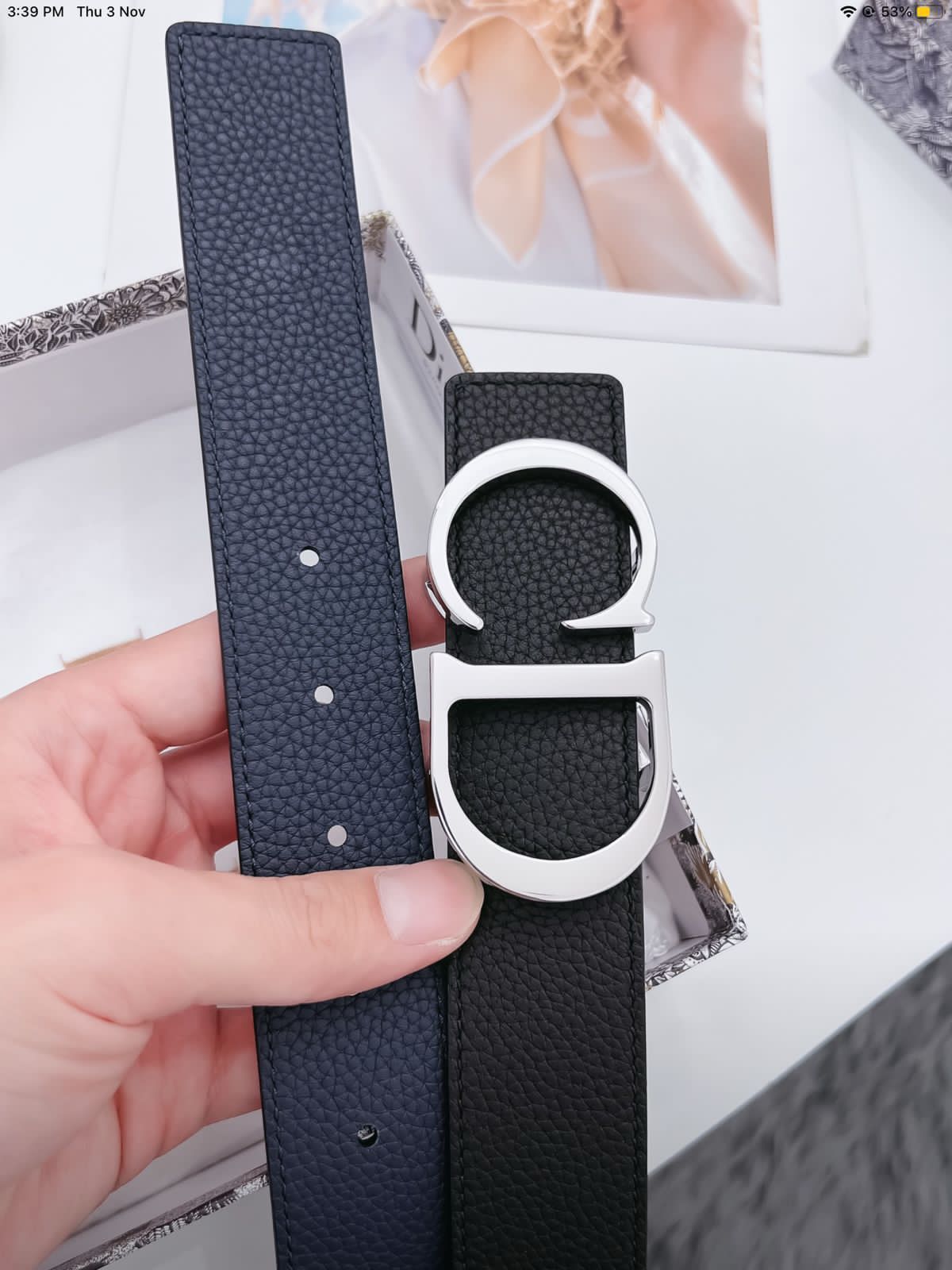 CD Icon Reversible Grained Leather Belt with Silver-Tone Buckle