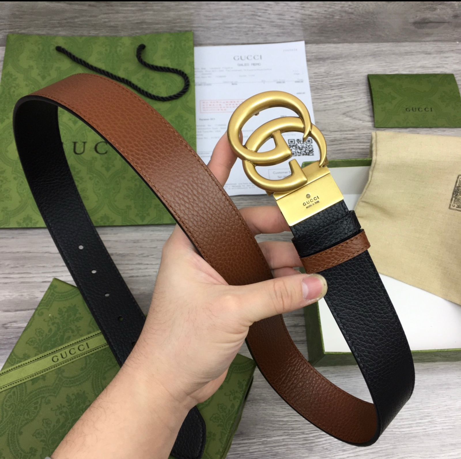 Double G Reversible Leather Belt in Grained Leather