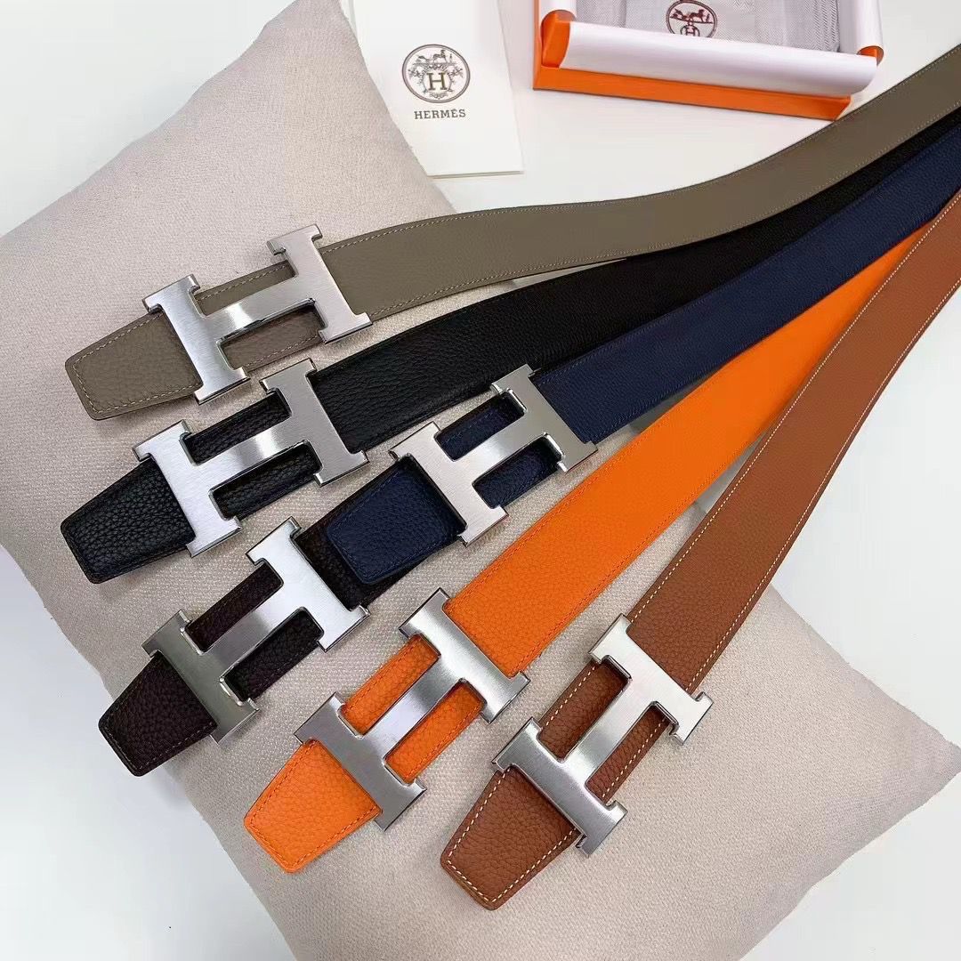 H-Buckle Reversible Leather Belt in Palladium Finish