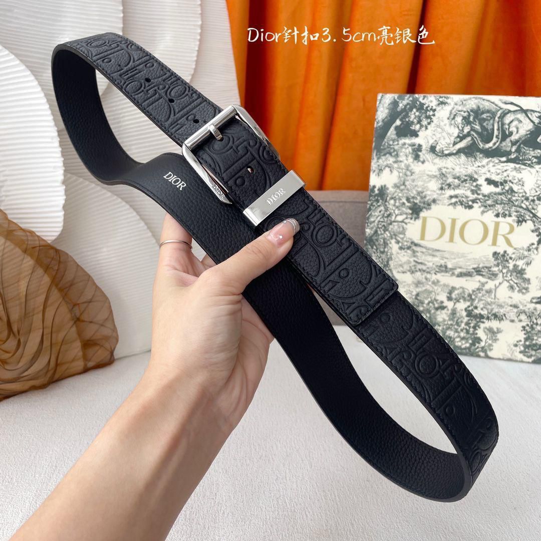 Dior Oblique Embossed Grained Leather Belt with Silver-Tone Buckle