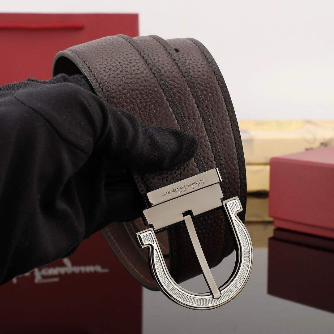 Salvatore Ferragamo Gancini Buckle Belt in Textured Brown Leather