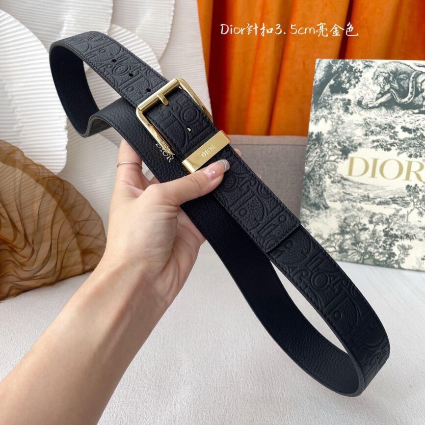 Dior Oblique Embossed Grained Leather Belt with Gold-Tone Buckle